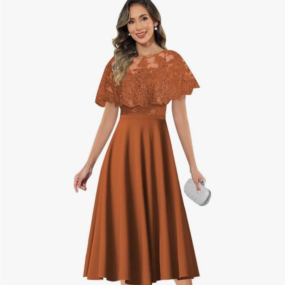 Elegant Burnt Orange Lace Overlay Dress